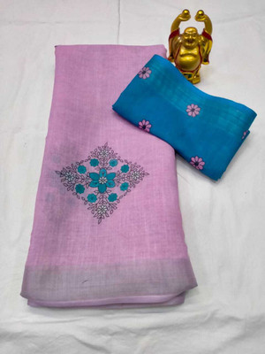 2SD gratitude Printed Chanderi Cotton Linen Saree(Pink, Blue)
