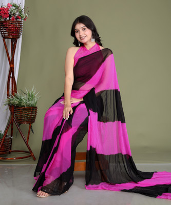 HouseOfCommon Checkered, Geometric Print, Self Design, Embellished, Printed Bandhani Chiffon Saree(Black, Pink)