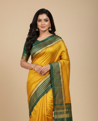 Anugrah Textile Embroidered Banarasi Lycra Blend, Chiffon Saree(Yellow, Green)