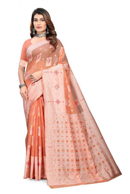 Muskan Collection Digital Print Handloom Cotton Linen Saree(Orange)