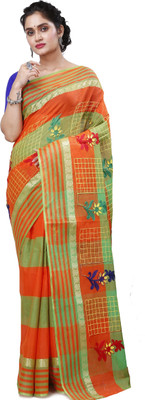 DipDiya Embroidered Tant Pure Cotton Saree(Orange, Green)