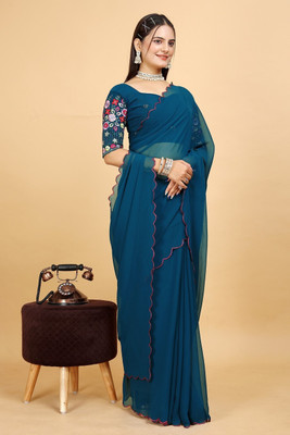 SHIV FASHION Embroidered, Solid/Plain Bollywood Georgette Saree(Dark Blue)