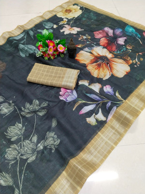 HouseOfCommon Floral Print Kanjivaram Linen, Cotton Linen Saree(Black)