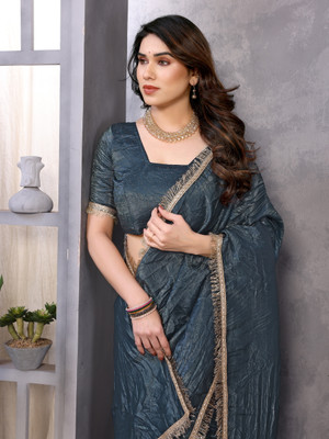 AMBUJAINTERNATIONAL Solid/Plain Bollywood Pure Silk Saree(Dark Blue, Gold)