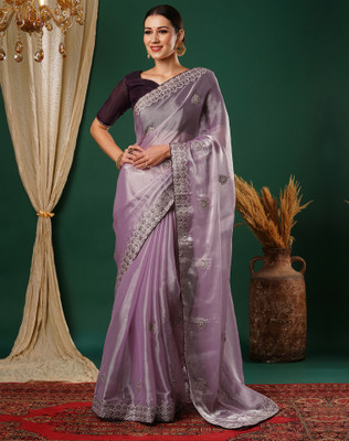 SIRIL Embroidered, Dyed Bollywood Tissue Saree(Purple)