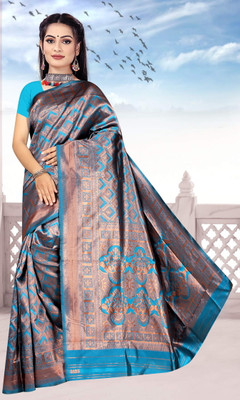 NENCY FASHION Woven Banarasi Silk Blend Saree(Blue)