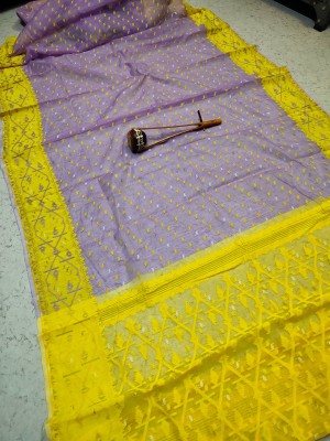 Krishneshwari Self Design, Woven Jamdani Pure Cotton Saree(Yellow, Purple)