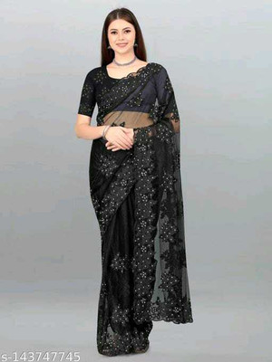 LUTAD FAB Embroidered Bollywood Net Saree(Black)