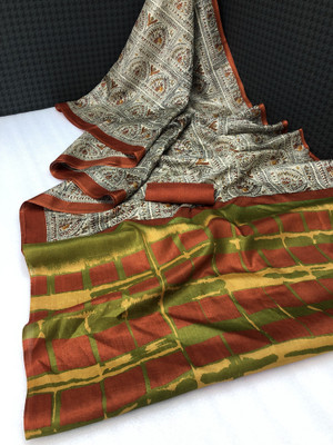 Kjs Printed Kalamkari Cotton Blend Saree(Multicolor)
