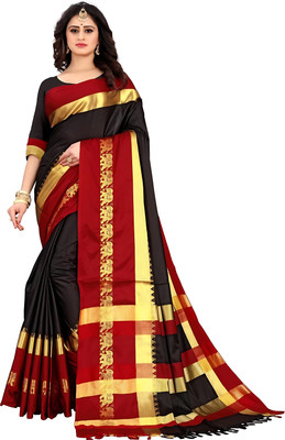 MoonTextile Temple Border Assam Silk Cotton Silk Saree(Black, Red)