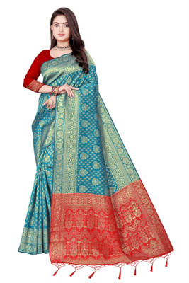 Pikham Embellished Kanjivaram Silk Blend Saree(Light Blue)