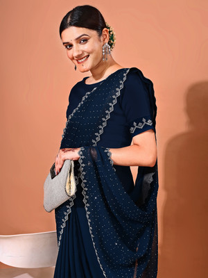 Leelavati Embellished Bollywood Chiffon Saree(Dark Blue)
