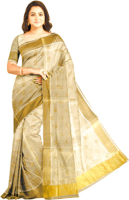 BRINDAVAN CREATIONS Embroidered Kasavu Cotton Blend Saree(Gold)