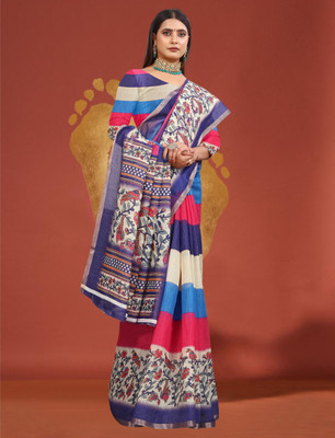 Mervadiya Printed Kanjivaram Pure Cotton, Cotton Linen Saree(Blue)