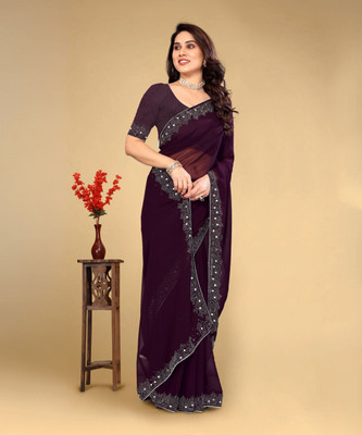 VEERAIVA Embroidered, Self Design Bollywood Chiffon Saree(Purple)