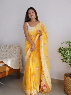 NIRLABH Striped Banarasi Pure Silk Saree(Yellow)