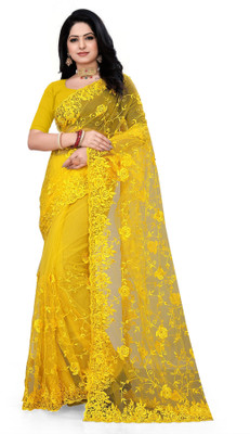 HouseOfCommon Self Design Bollywood Net Saree(Yellow)