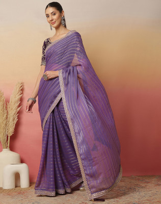 Tasrika Striped, Embellished, Embroidered Bollywood Georgette Saree(Purple)