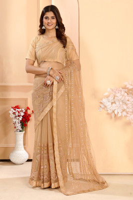 PATLANI STYLE Embroidered Bollywood Net Saree(Beige)