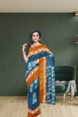 Ruhabs Printed Ikkat Cotton Blend Saree(Light Blue)