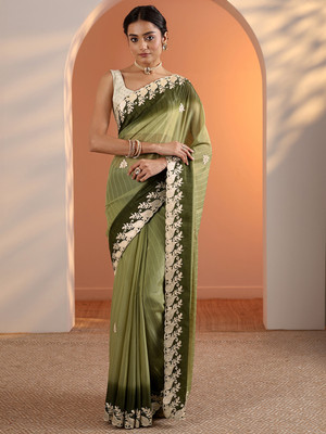 LIBAS Embroidered Daily Wear Silk Blend Saree(Green)