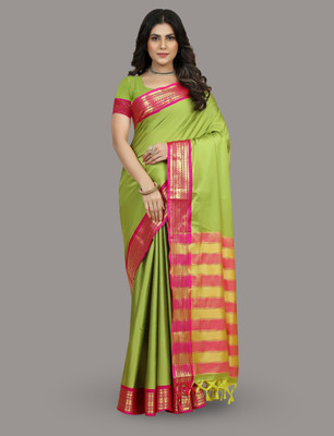 Fashion Club Collection Woven Maheshwari Cotton Silk Saree(Light Green)