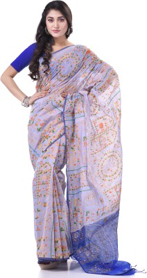 Desh Bidesh Printed Handloom Cotton Blend Saree(Blue, White)