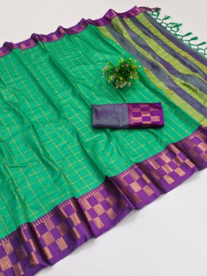 WINKLECART Checkered Chettinadu Pure Silk, Cotton Silk Saree(Purple, Green)