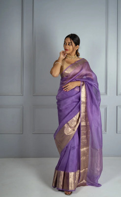 VAASTRAMANDIR Temple Border Handloom Organza Saree(Purple)