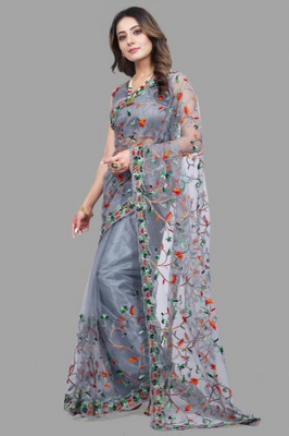 LADY SHOPI Embroidered Bollywood Net Saree(Grey)
