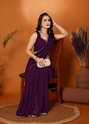FABMORA Embellished, Solid/Plain Bollywood Georgette Saree(Purple, Silver)