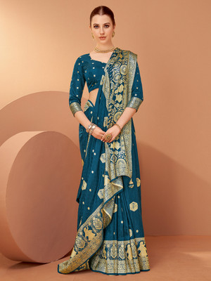 Sangria Woven Banarasi Satin, Silk Blend Saree(Green)