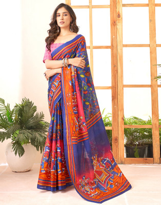 all about you Printed Kalamkari Pure Cotton Saree(Dark Blue, White)