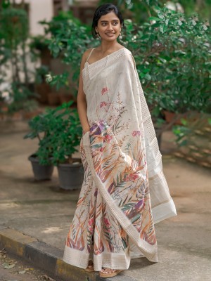 Sareemall Printed Bollywood Linen Saree(Cream)