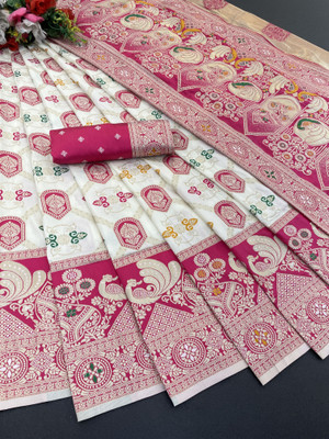aarohicreation Printed Bollywood Silk Blend Saree(Pink, White)