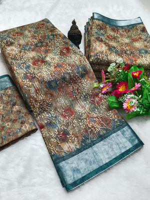 ASHTA Geometric Print Kanjivaram Linen Saree(Brown, Multicolor)