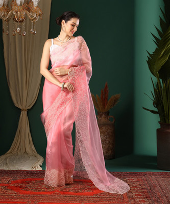 Divastri Embroidered Bollywood Organza Saree(Pink)