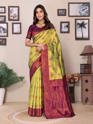 The Style Sanctuary Woven, Self Design Banarasi Silk Blend Saree(Light Blue, Dark Green)