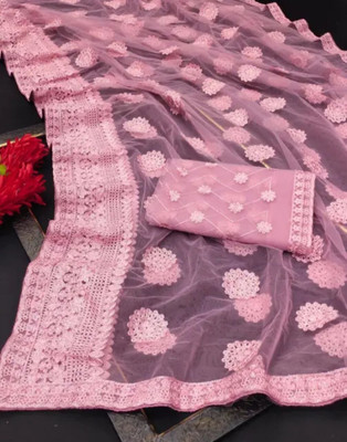 NIYANTAKSH Embroidered, Floral Print, Woven, Embellished Bollywood Net Saree(Pink)