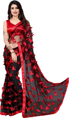 Shiv Embellished Daily Wear Net Saree(Red, Black)