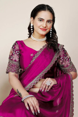 Pionex Embroidered Bollywood Silk Blend Saree(Pink)