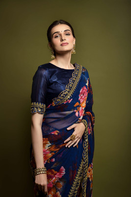 OMFESHIONN Self Design Bollywood Chiffon Saree(Dark Blue)