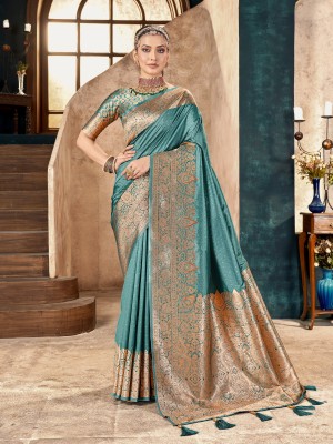 Mehrang Self Design Banarasi Silk Blend Saree(Light Blue)