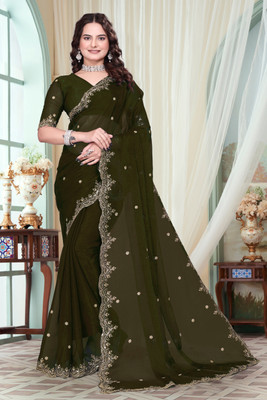 shrijamyaham Self Design Bollywood Chiffon Saree(Green)