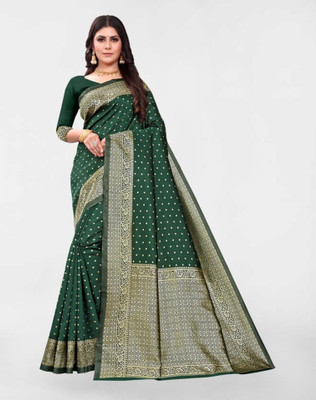 Samah Woven, Embellished Banarasi Silk Blend Saree(Dark Green, Gold)