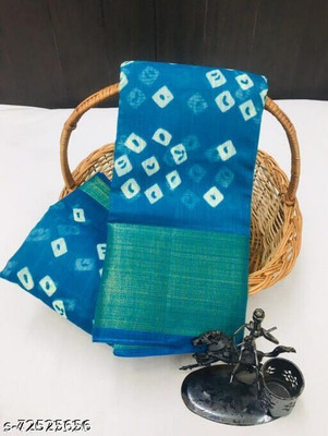 khial Printed Bandhani Cotton Blend Saree(Light Blue)
