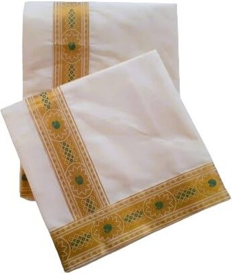 Creative weaves Solid/Plain, Floral Print Kasavu Pure Cotton Saree(Cream)