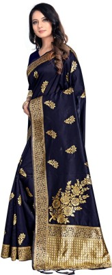 FABMORA Woven Banarasi Silk Blend Saree(Dark Blue)