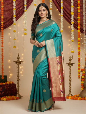 Sareemall Woven Banarasi Silk Blend Saree(Green)