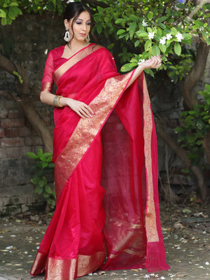 PeachPetals Solid/Plain Bollywood Organza Saree(Red)